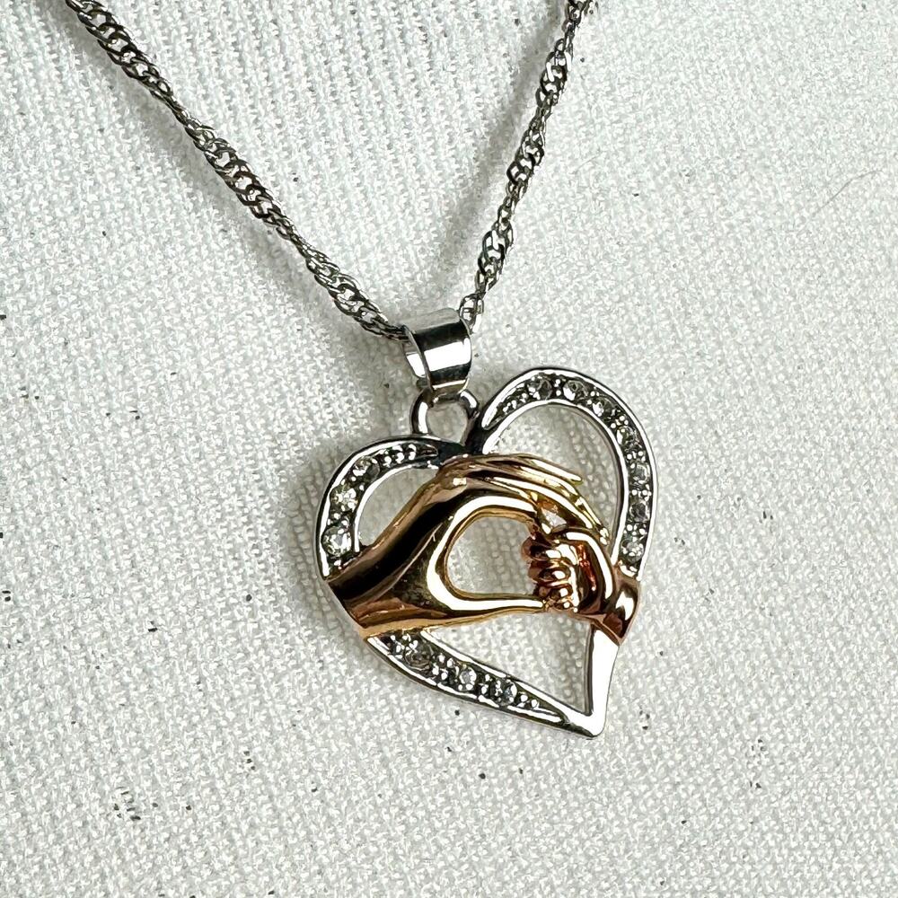 Three Tone Mother Child Hand In Hand Pendant Necklace CZ Heart Silver Tone Chain